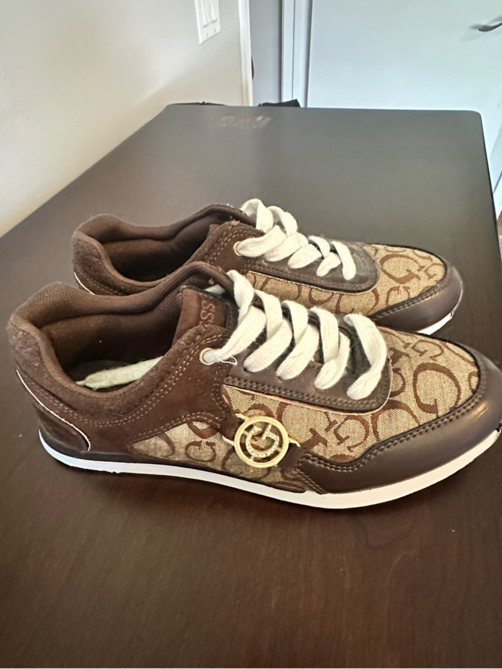 GUESS Brown Logo-Print Women’s Lace-Up Sneakers with Gold Accent
